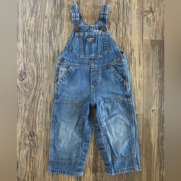 OshKosh B'gosh Vestbak Jean Overalls 18 Mos Double Knee Blue Denim Stripe Detail - Picture 1 of 12